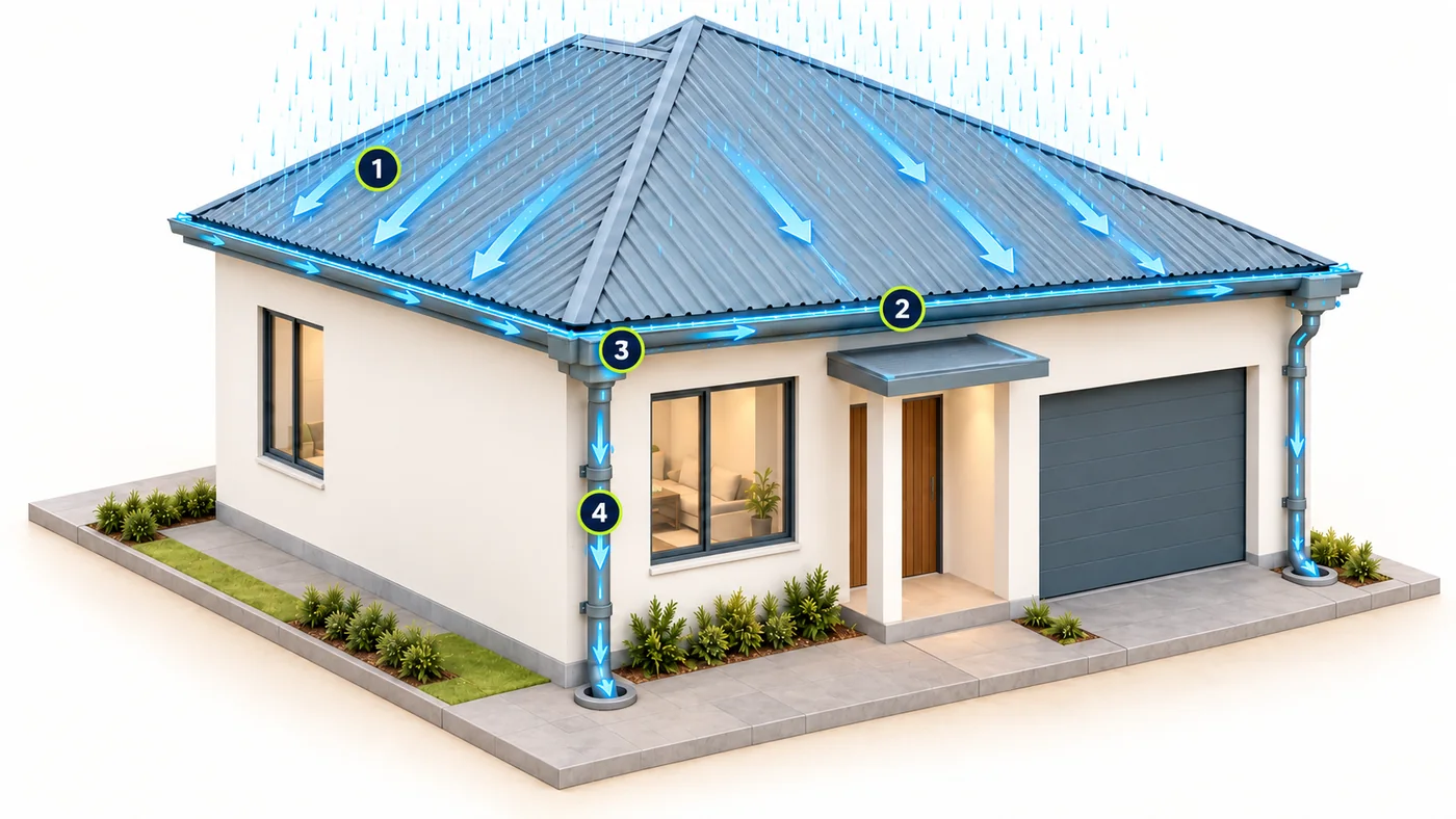 Diagram showing roof runoff flowing into gutters, through a gutter outlet and down an above-ground downpipe to the existing ground-level connection.
