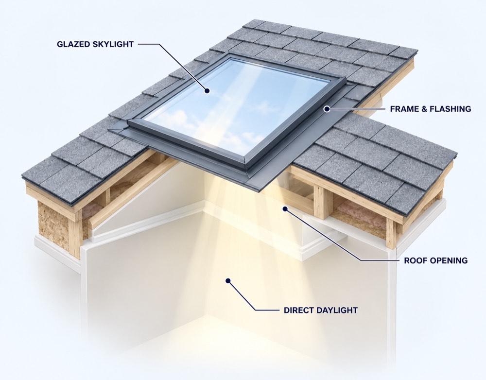 Closed glazed skylight with roof flashing and direct daylight diagram