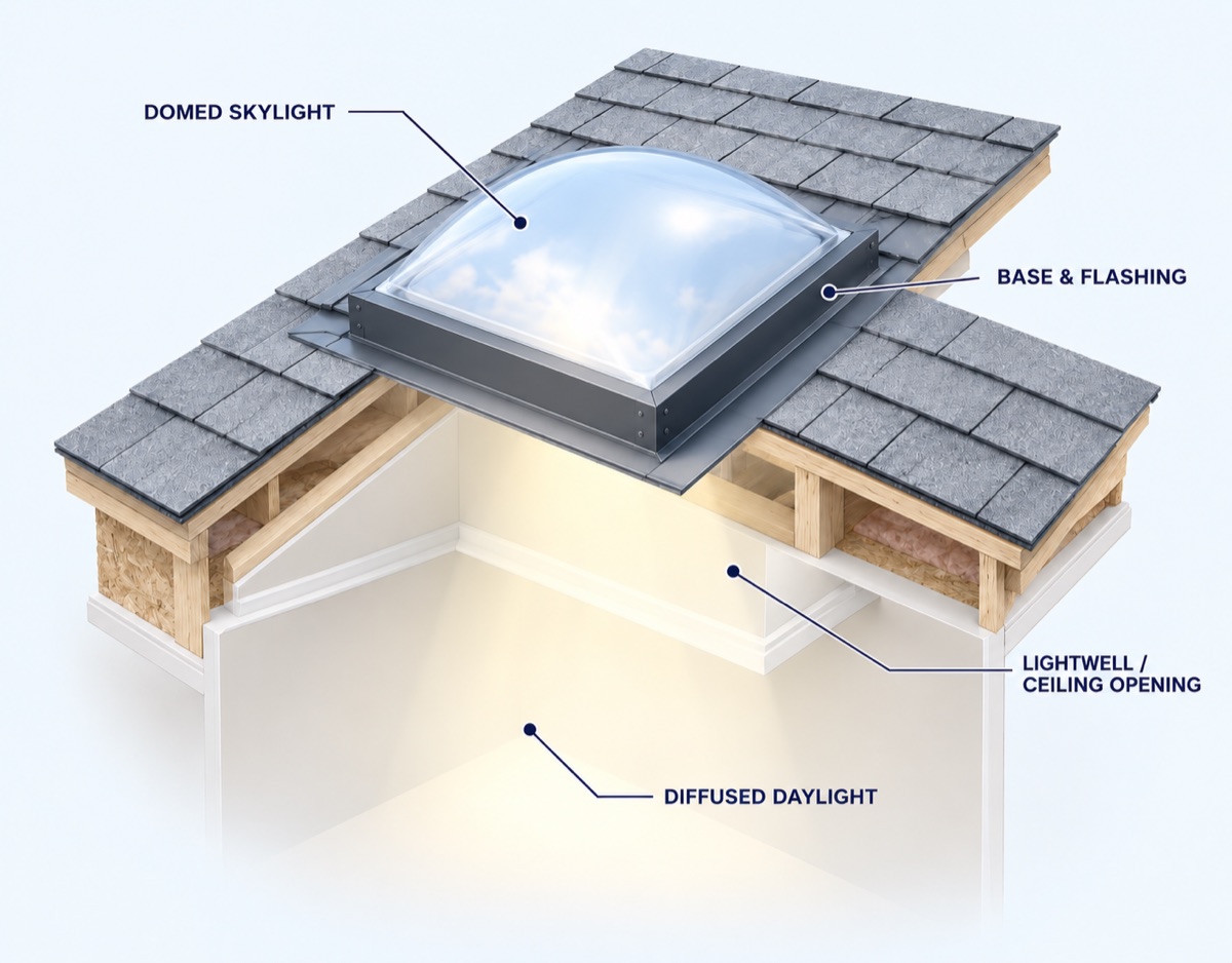 Domed skylight with base, flashing and diffused daylight diagram