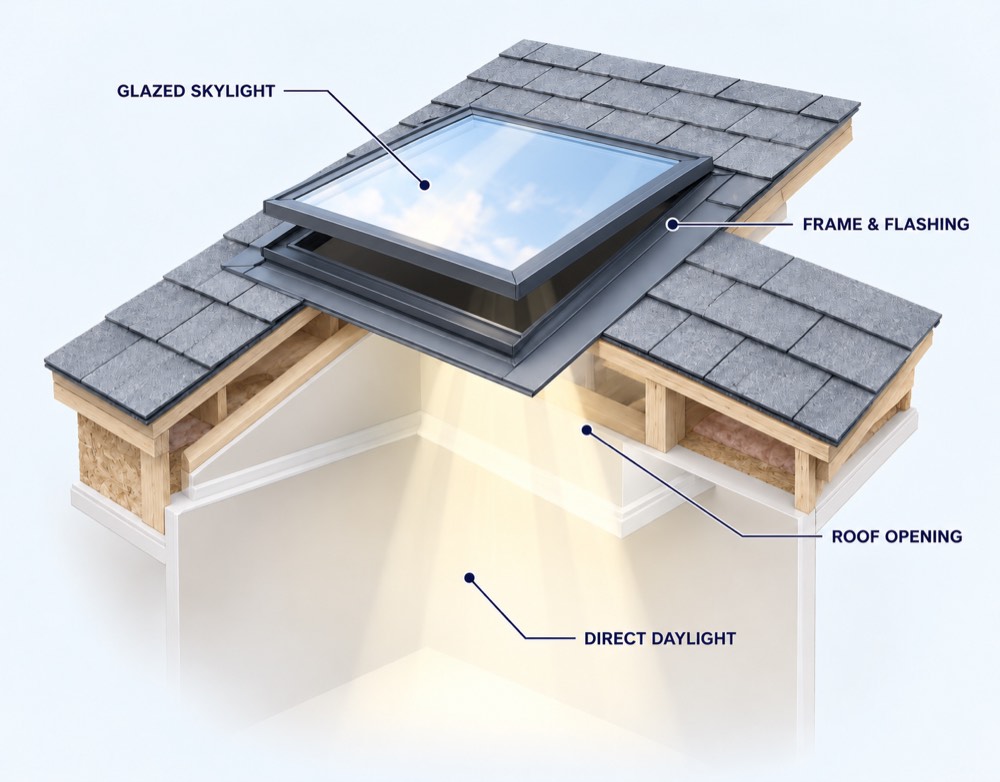 Open glazed skylight with roof flashing and direct daylight diagram