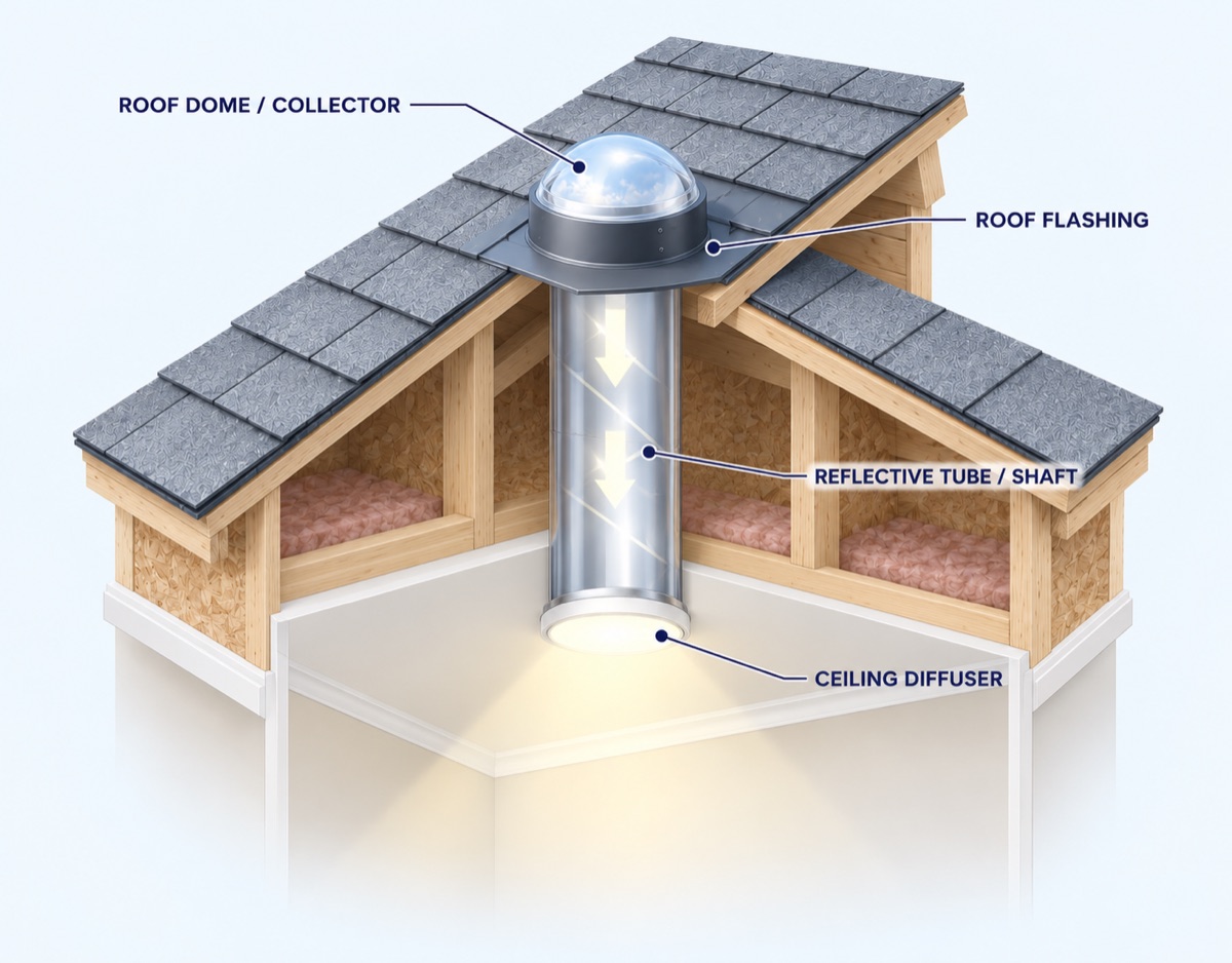 Tubular skylight with roof collector, reflective tube and ceiling diffuser diagram